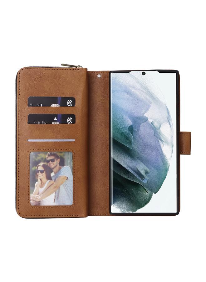 S-TOP Case For Samsung Galaxy S22 Ultra 5G 9 Card Slots Zipper Wallet Bag Leather Phone Case - Image 4