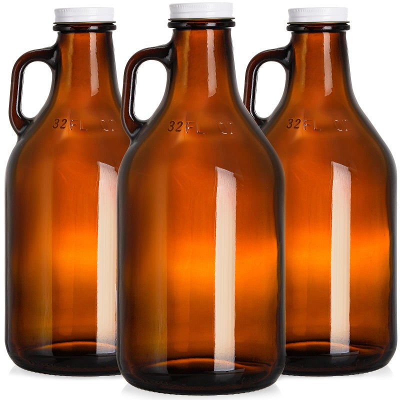 ZEAYEA 3 Pack 32 oz Glass Growler Amber Glass Jug with Lids and Handle Great for Beer Home Brewing Kombucha Distilled Water