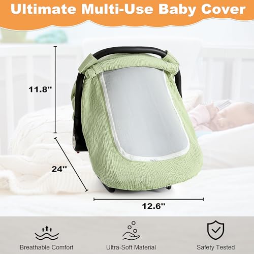 C COMCROSFLY Muslin Cotton Car Seat Cover Baby, Universal Fit Carseat Cover for Baby, Infant Car Seat Cover with Mesh Peep Window, Baby Car Seat Cover for Carrier, Stroller, High Chair, Shopping Cart (Green) - Image 5