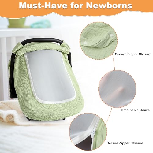 C COMCROSFLY Muslin Cotton Car Seat Cover Baby, Universal Fit Carseat Cover for Baby, Infant Car Seat Cover with Mesh Peep Window, Baby Car Seat Cover for Carrier, Stroller, High Chair, Shopping Cart (Green) - Image 2