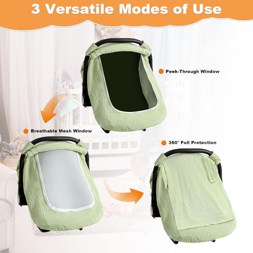 C COMCROSFLY Muslin Cotton Car Seat Cover Baby, Universal Fit Carseat Cover for Baby, Infant Car Seat Cover with Mesh Peep Window, Baby Car Seat Cover for Carrier, Stroller, High Chair, Shopping Cart (Green) - Image 3