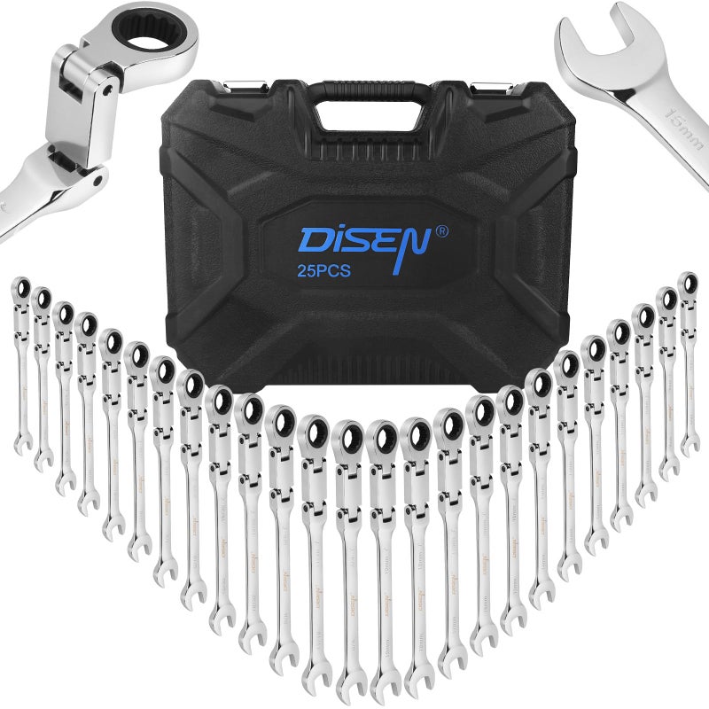 DISEN Ratcheting Wrench Set 25pcs Flex Head Ratchet Wrenches Double Foldable Metric 819mm and SAE 14 34 72Teeth CrV Steel12 Point Combination Wrench set with Heavy Duty Case