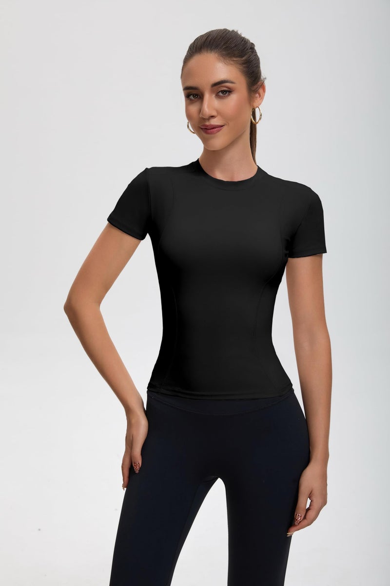 BJY Womens Black Workout Compression Shirts,Athletic Quick Dry Yoga Gym Pilates Shapewear Tops,Cute Crop Y2K Short Sleeve Clothes - Image 2