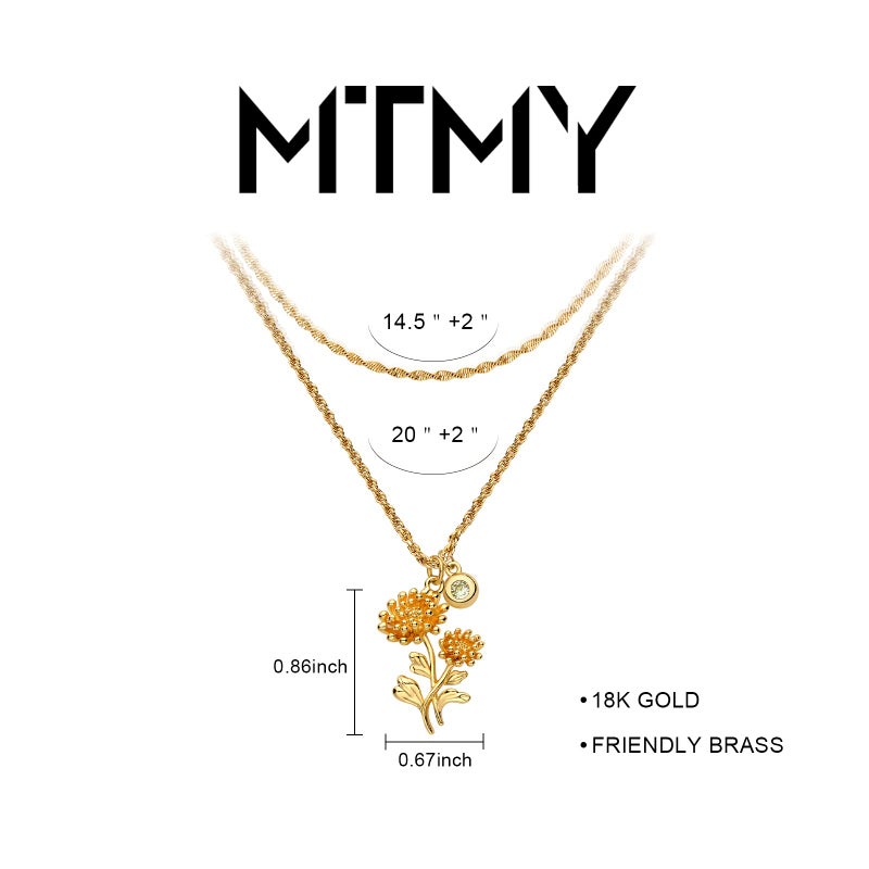 MTMY Birth Flower Necklaces for Women 18K Gold Plated Dainty Layered Birth Month Flower with Birthstone Pendant Necklaces Personalized Custom Floral Jewelry (November-Chrysanthemum) - Image 4