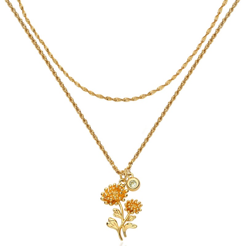 MTMY Birth Flower Necklaces for Women 18K Gold Plated Dainty Layered Birth Month Flower with Birthstone Pendant Necklaces Personalized Custom Floral Jewelry (November-Chrysanthemum) - Image 1