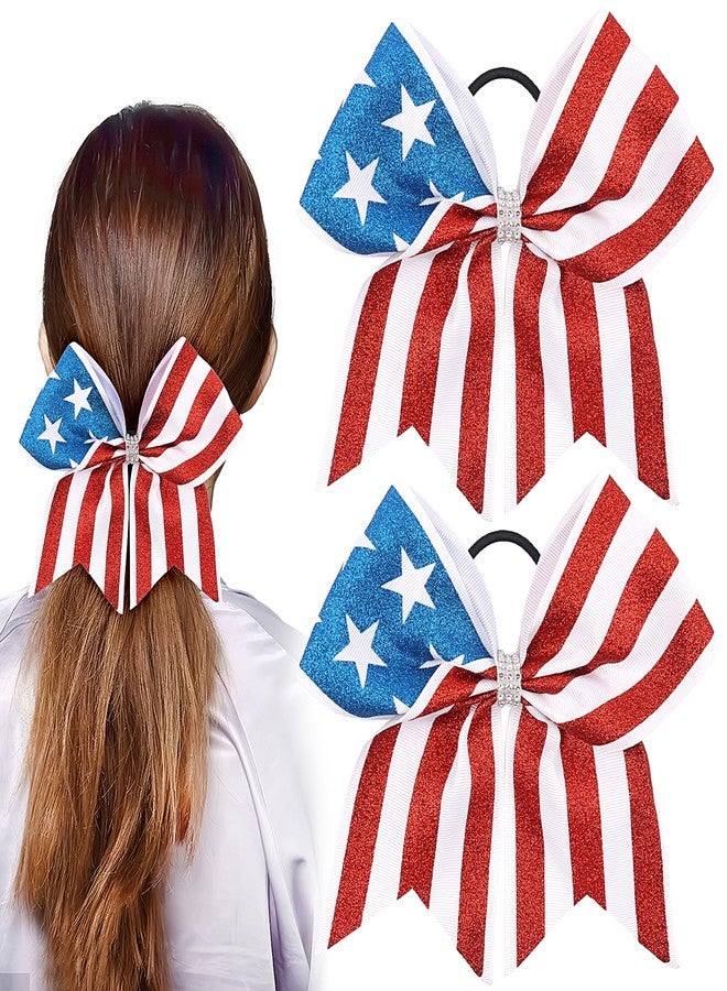 Doneace 4th of July Cheer Hair Bows Patriotic Cheerleader Hair Bow Ties Streak and Star Elastic Hair Band Ponytail Holder for Thick Hair Teens Kids Independence Day Hair Hair Accessories 2PCS - Image 1