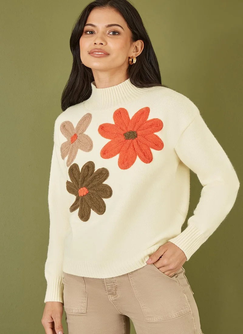 MELA LONDON Knitted High Neck Jumper With Applique Flowers