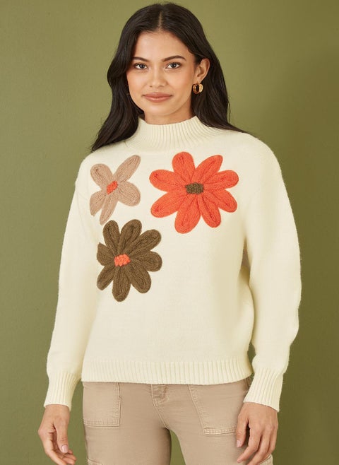 Knitted High Neck Jumper With Applique Flowers