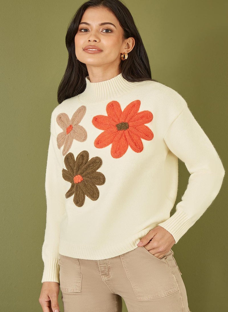 MELA LONDON Knitted High Neck Jumper With Applique Flowers - Image 2