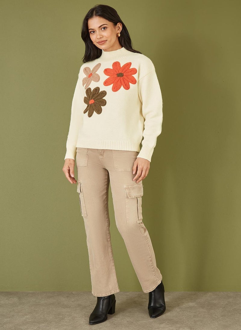 MELA LONDON Knitted High Neck Jumper With Applique Flowers - Image 1
