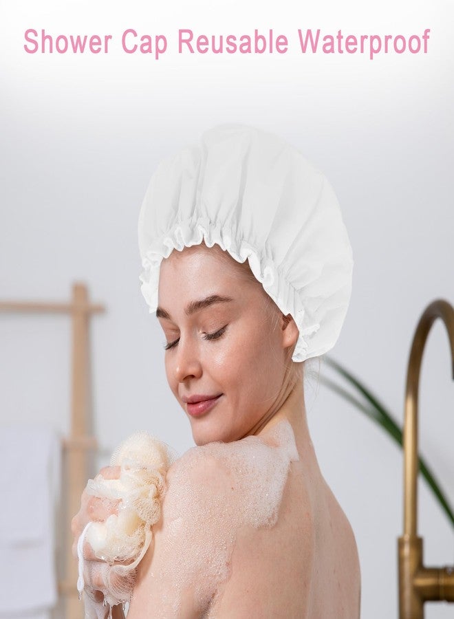 JIYIN Reusable Shower Caps for Women, Terry Cloth Lined Shower Cap Double Layer Reusable Bath Cap Waterproof Elastic Band Hair Cap for All Hair Lengths for Women Spa Home Salon Use(White) - Image 4