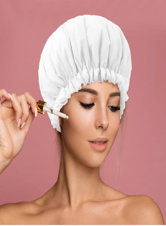 JIYIN Reusable Shower Caps for Women, Terry Cloth Lined Shower Cap Double Layer Reusable Bath Cap Waterproof Elastic Band Hair Cap for All Hair Lengths for Women Spa Home Salon Use(White) - Image 5