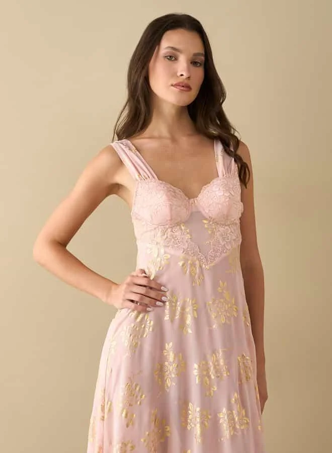FAV All-Over Foil Print Chiffon Wired Sleeveless Night Gown