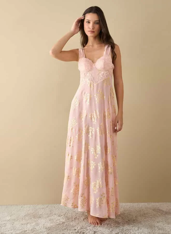 FAV All-Over Foil Print Chiffon Wired Sleeveless Night Gown