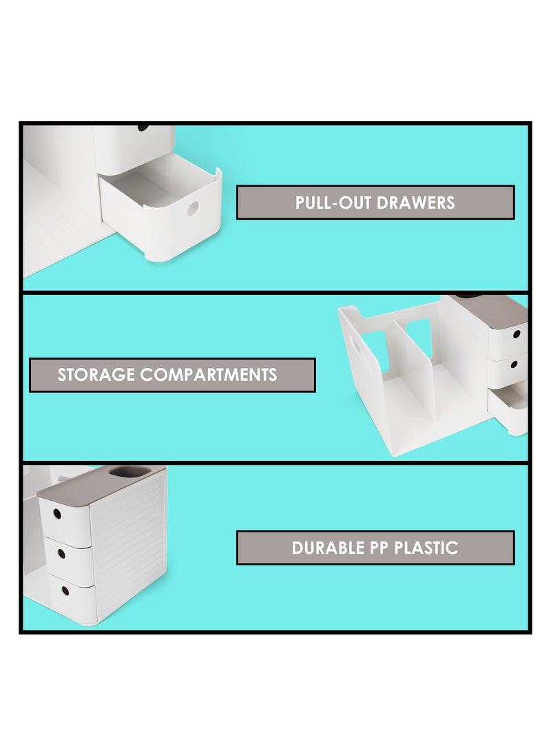 SYOSI - White Desktop Storage Organiser, Desk Tidy Box with 3 Drawers - PP Plastic Multipurpose Storage Box - Desk Top Shelf Rack for Office Supplies, Files, Books, Pens, Stationery & Home Essentials - Image 1