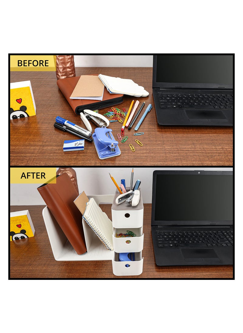 SYOSI - White Desktop Storage Organiser, Desk Tidy Box with 3 Drawers - PP Plastic Multipurpose Storage Box - Desk Top Shelf Rack for Office Supplies, Files, Books, Pens, Stationery & Home Essentials - Image 1