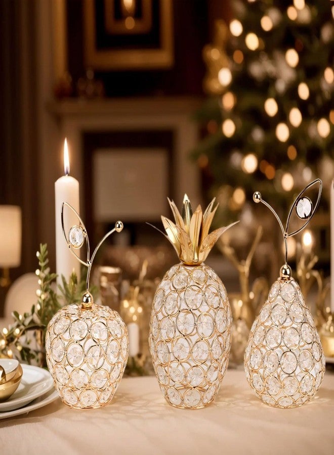 Primst Set of 3 Crystal Metal Apple Pear Pineapple Table Centerpiece, Crystal Decorations for Home, Fruit Ornament Party Wedding Holiday Bar Decoration - Image 1