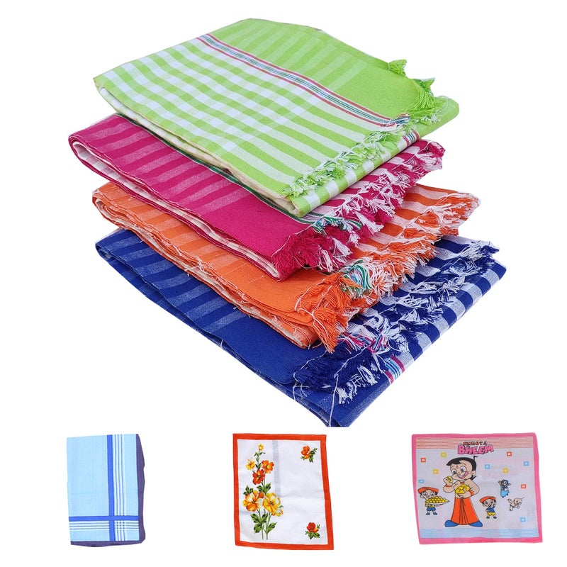 SAI PRASEEDA Handloom 100% Cotton Large Bath Towels_32 x 68 Inches_Multicolor_Pack of 4_with 3 Hand Kerchiefs SPTHK15 - Image 1