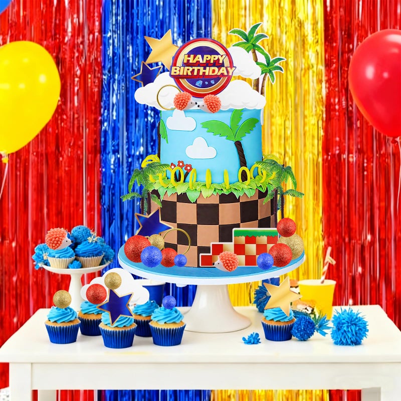MEMOVAN Hedgehog Cake Topper 29PCS Cartoon Themed Happy Birthday Cake Topper Red Blue Yellow Ball Cake Cupcake Toppers with Tree Circle Blue Hedgehog Stars for Baby Shower Birthday - Image 5