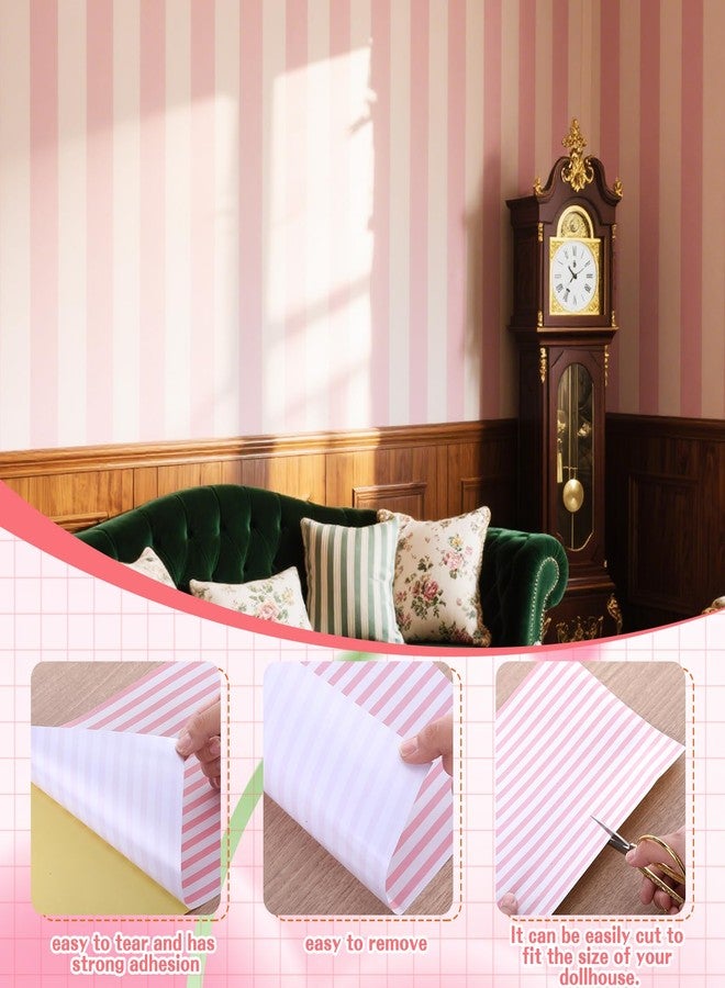 Flutesan 3 Pcs Miniature Dollhouse Wallpaper and Flooring Peel and Stick 1:12 Scale Self Adhesive Doll House Wallpaper DIY Mini Dollhouse Accessories 8.27 x 11.69 Inch(Pink Stripe) - Image 3