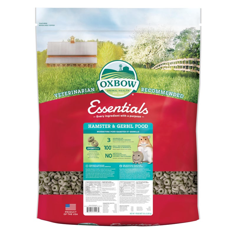 Oxbow Essentials Hamster and Gerbil Food â€“ Complete Daily Diet with Vitamins & Minerals, High-Fiber Uniform Pellets for Balanced Nutrition, Vet-Formulated Small Animal Food, 15 lb, Made in USA - Image 1