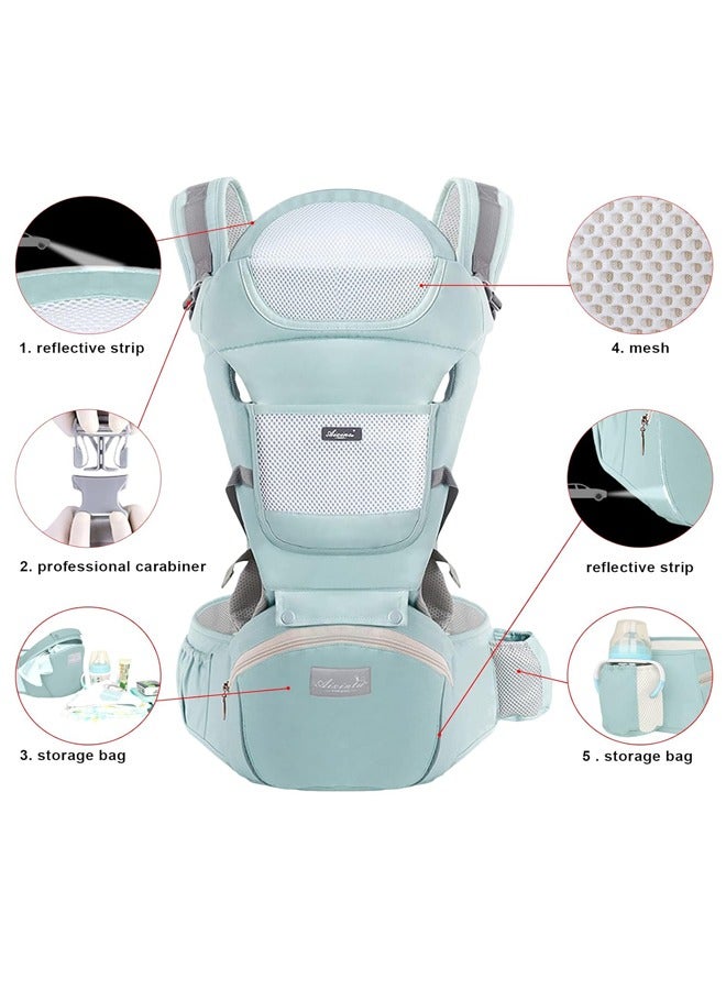 حامل أطفال مزود بمقعد الورك، متعدد الوظائف 9 في 1 حامل أغلفة أطفال مولود لطفل رضيع، حامل حقيبة أطفال وزن 7-45 رطل (أخضر) - Image 2