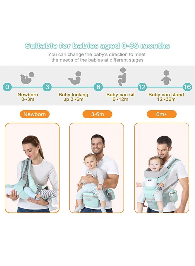 حامل أطفال مزود بمقعد الورك، متعدد الوظائف 9 في 1 حامل أغلفة أطفال مولود لطفل رضيع، حامل حقيبة أطفال وزن 7-45 رطل (أخضر) - Image 3