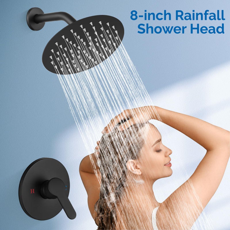 Airuida Single Function Shower Trim Kit Shower Faucet Set Wall Mount 8 Inch Round Rainfall Shower Head And Handle Set Single Handle Shower System Set With Female Threads Valve Matte Black - Image 5