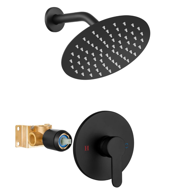 Airuida Single Function Shower Trim Kit Shower Faucet Set Wall Mount 8 Inch Round Rainfall Shower Head And Handle Set Single Handle Shower System Set With Female Threads Valve Matte Black - Image 1