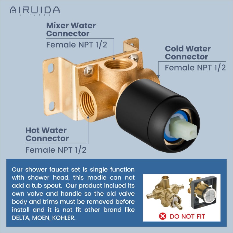 Airuida Single Function Shower Trim Kit Shower Faucet Set Wall Mount 8 Inch Round Rainfall Shower Head And Handle Set Single Handle Shower System Set With Female Threads Valve Matte Black - Image 2