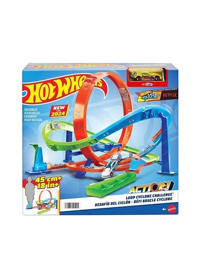 Hot Wheels مجموعة مسار سيارات ألعاب، تحدي حلقة الإعصار، 2 طرق للعب وتخزين سهل، مع سيارة لعبة مقاس 1:64 - Image 2