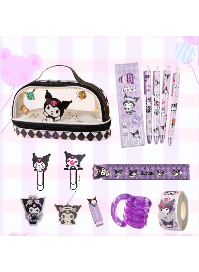 Kuromi Theme Stationery Set, All-in-One Cute Kuromi School Supplies Kit with Pencil Pouch, Eraser, File Folder, Scented Hanging Tag, Ruler, Assorted Paper Clips, Stress Relief Twist Toy, 4Pcs Pens and 500 PCS Stickers, Stylish Stationery Gift for Girls Students Back to School Birthday