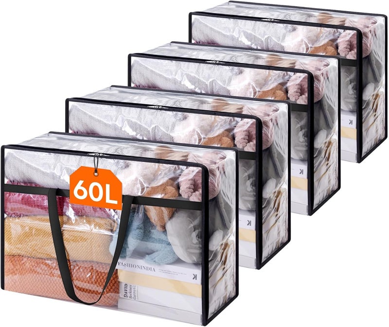 4 Pack Clear Clothes Storage Bags, 60L Plastic Blanket Storage Bags with Zipper - Image 1