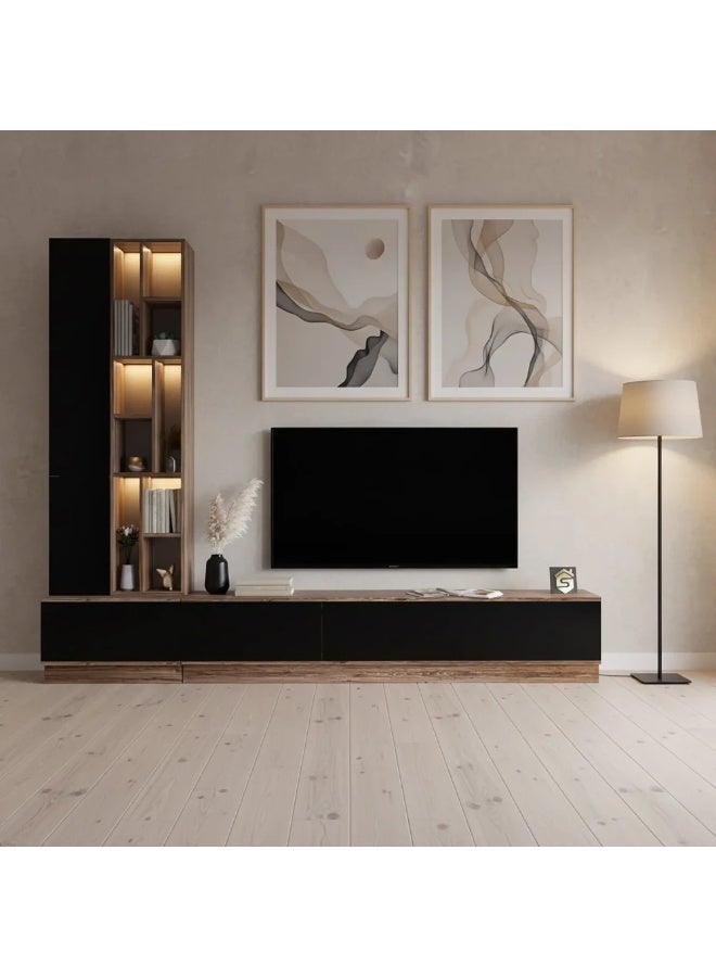 Stylish Home Large Brown and Black TV Table of 4 Pieces with Shelves and Lighting Made from MDF with Scratch Resistant Melamine Layer - 40x280x226 cm - Model 61 - Image 1