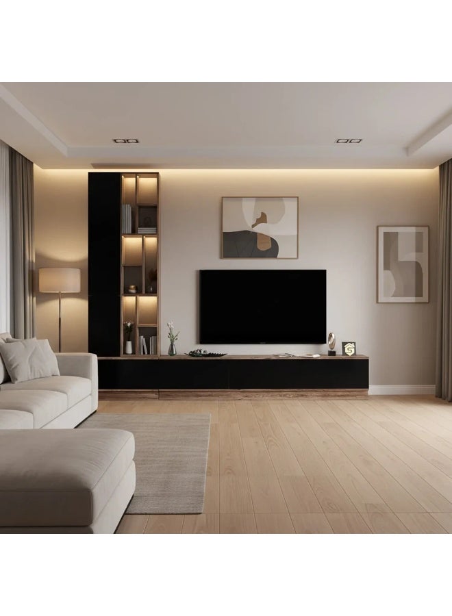 Stylish Home Large Brown and Black TV Table of 4 Pieces with Shelves and Lighting Made from MDF with Scratch Resistant Melamine Layer - 40x280x226 cm - Model 61 - Image 3