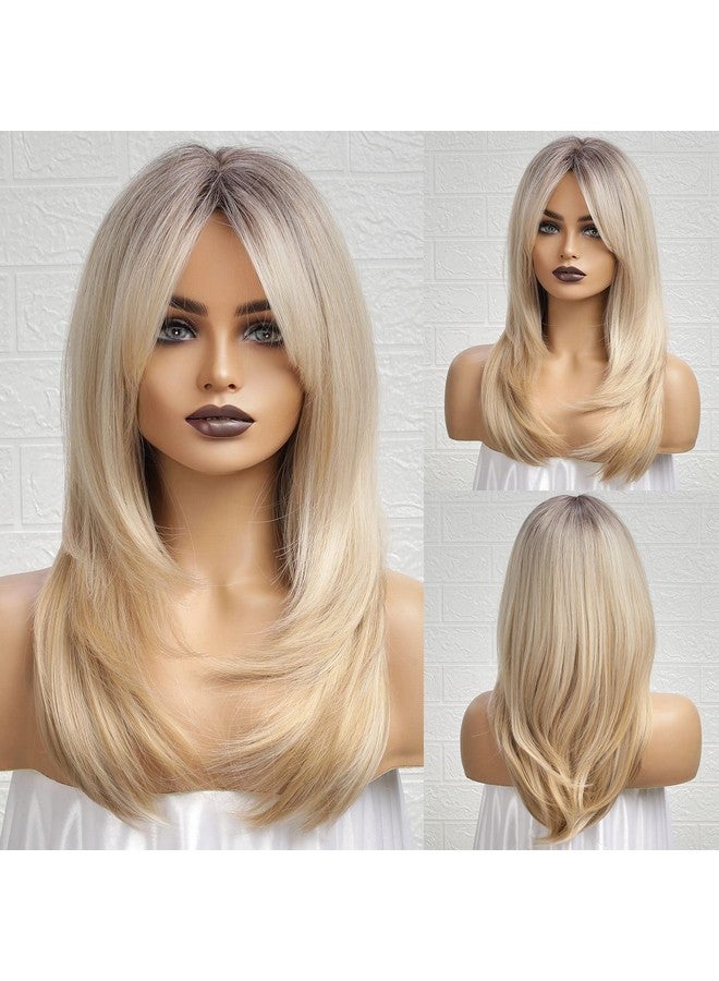 Haircube باروكة شقراء أومبري مع غرة بطول الكتف باروكة شقراء رمادية للنساء باروكات طبقية بجذور داكنة باروكات صناعية للحفلات اليومية 24 إنش - Image 1