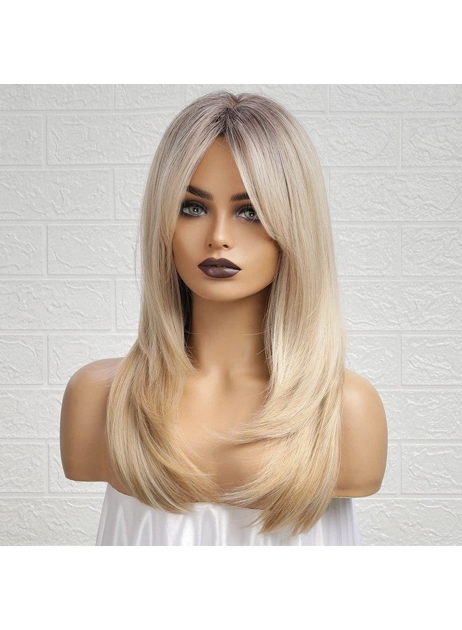 Haircube باروكة شقراء أومبري مع غرة بطول الكتف باروكة شقراء رمادية للنساء باروكات طبقية بجذور داكنة باروكات صناعية للحفلات اليومية 24 إنش - Image 5