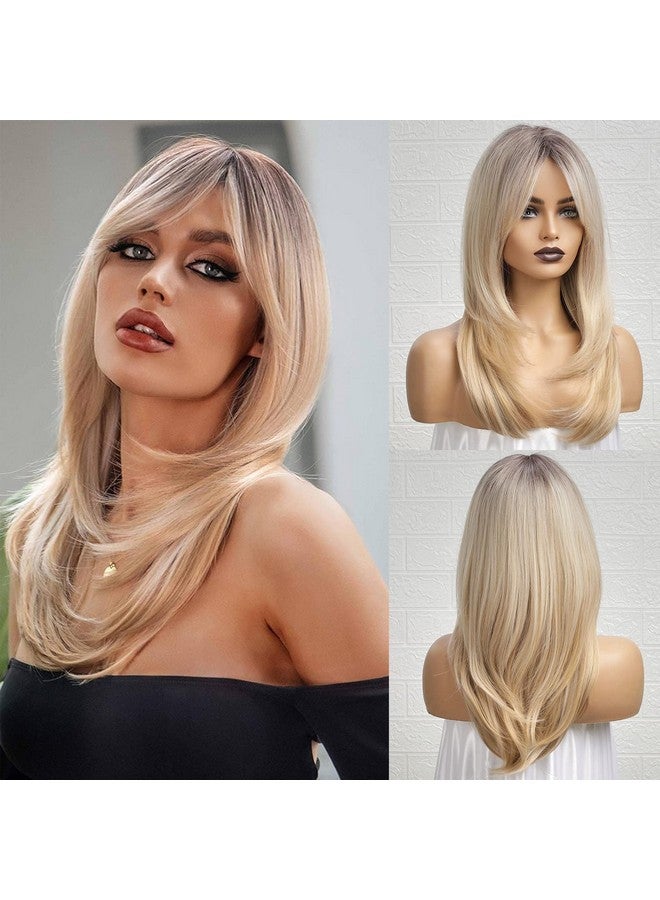 Haircube باروكة شقراء أومبري مع غرة بطول الكتف باروكة شقراء رمادية للنساء باروكات طبقية بجذور داكنة باروكات صناعية للحفلات اليومية 24 إنش - Image 3