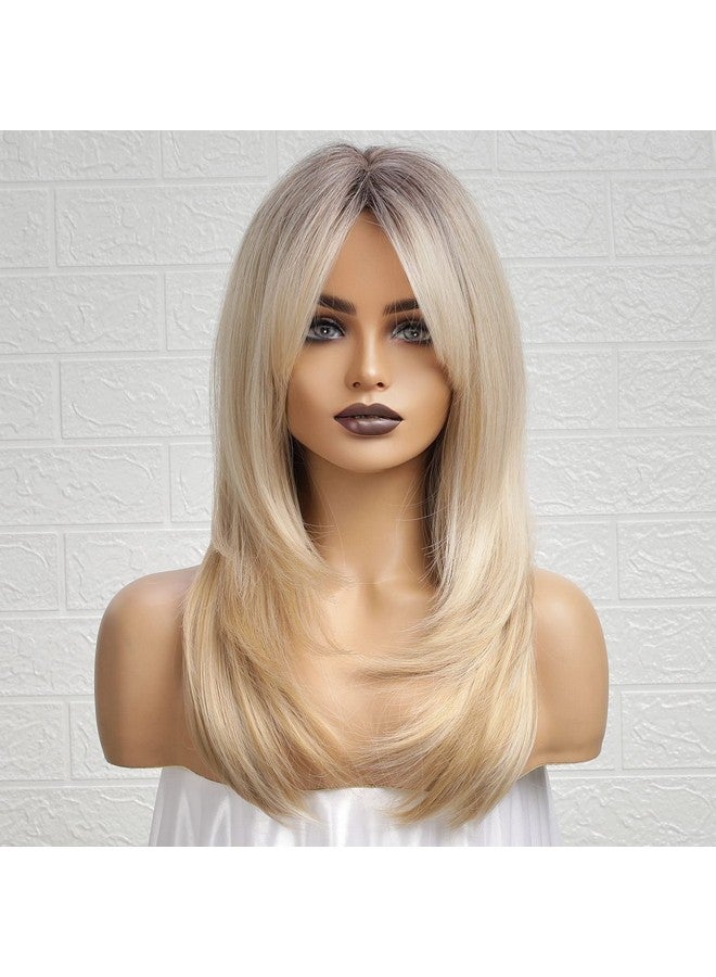 Haircube باروكة شقراء أومبري مع غرة بطول الكتف باروكة شقراء رمادية للنساء باروكات طبقية بجذور داكنة باروكات صناعية للحفلات اليومية 24 إنش - Image 4