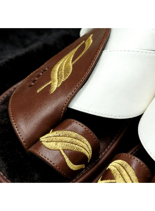 Men Arabic Style Two-Tone Toe Ring Slide Sandals, Embroidery Leaf Pattern Decor Flat Slippers, Soft Non Slip Casual Summer Slides Matching Thobe for Indoor Outdoor Daily Wear - Image 5