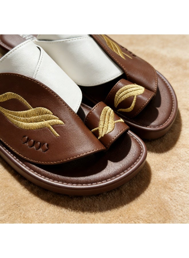 Men Arabic Style Two-Tone Toe Ring Slide Sandals, Embroidery Leaf Pattern Decor Flat Slippers, Soft Non Slip Casual Summer Slides Matching Thobe for Indoor Outdoor Daily Wear - Image 4