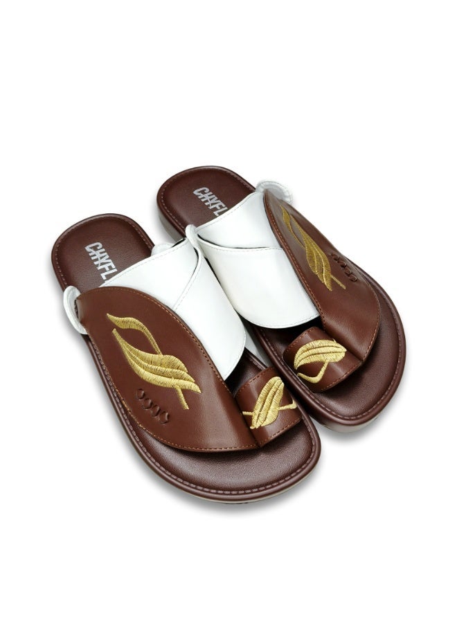 Men Arabic Style Two-Tone Toe Ring Slide Sandals, Embroidery Leaf Pattern Decor Flat Slippers, Soft Non Slip Casual Summer Slides Matching Thobe for Indoor Outdoor Daily Wear - Image 2