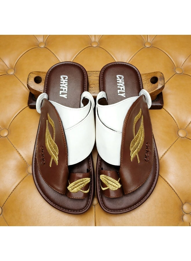 Men Arabic Style Two-Tone Toe Ring Slide Sandals, Embroidery Leaf Pattern Decor Flat Slippers, Soft Non Slip Casual Summer Slides Matching Thobe for Indoor Outdoor Daily Wear - Image 1