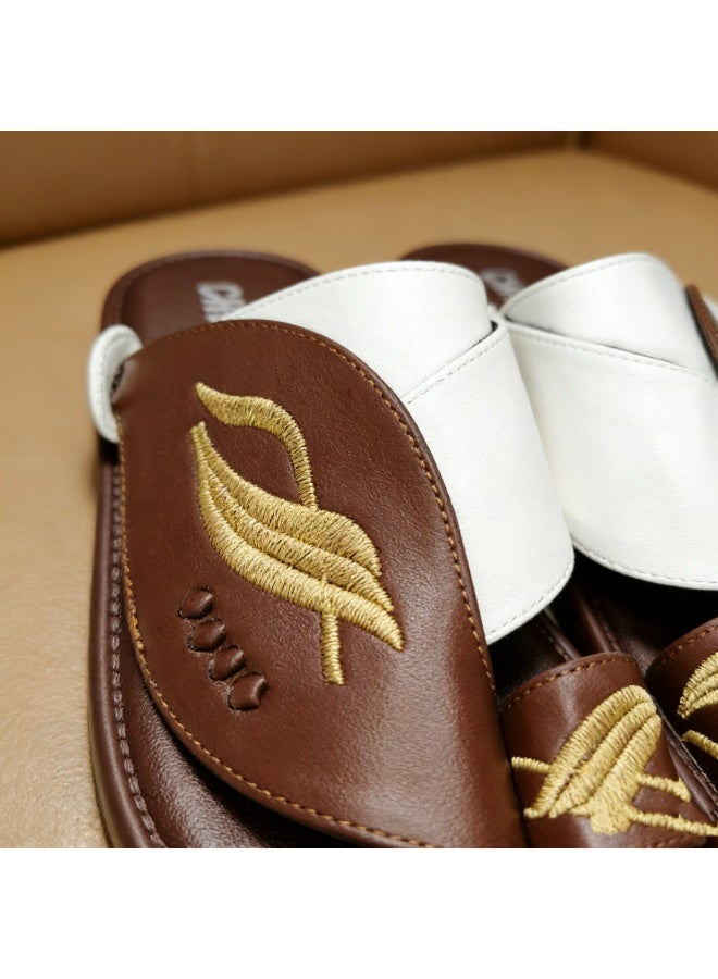 Men Arabic Style Two-Tone Toe Ring Slide Sandals, Embroidery Leaf Pattern Decor Flat Slippers, Soft Non Slip Casual Summer Slides Matching Thobe for Indoor Outdoor Daily Wear - Image 3