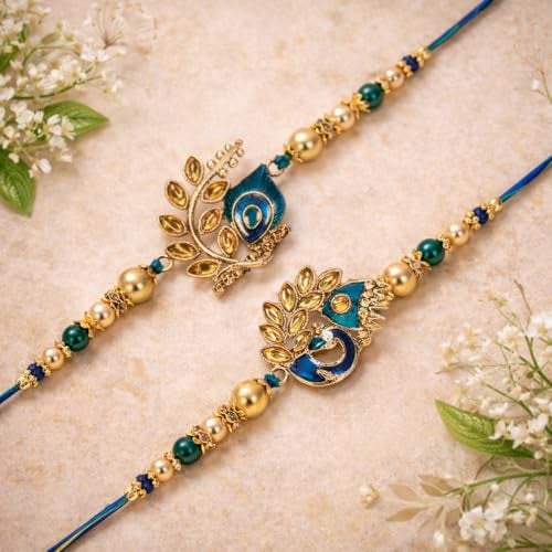 Riddhika Ventures Stylish Blue Peacock Feather and Royal Blue Peacock Kundan Rakhi with Roli Chawal and Greeting Card (K2K3) - Image 4