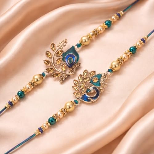Riddhika Ventures Stylish Blue Peacock Feather and Royal Blue Peacock Kundan Rakhi with Roli Chawal and Greeting Card (K2K3) - Image 3