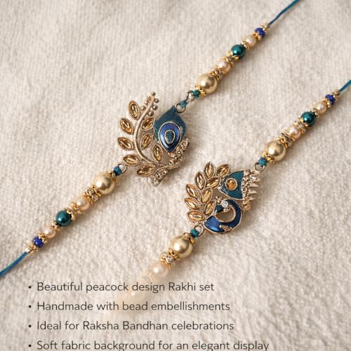 Riddhika Ventures Stylish Blue Peacock Feather and Royal Blue Peacock Kundan Rakhi with Roli Chawal and Greeting Card (K2K3) - Image 2