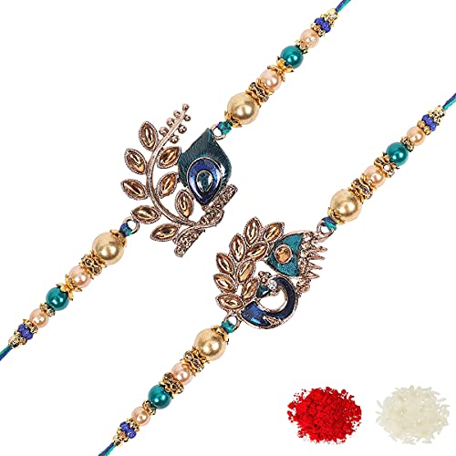 Riddhika Ventures Stylish Blue Peacock Feather and Royal Blue Peacock Kundan Rakhi with Roli Chawal and Greeting Card (K2K3) - Image 1