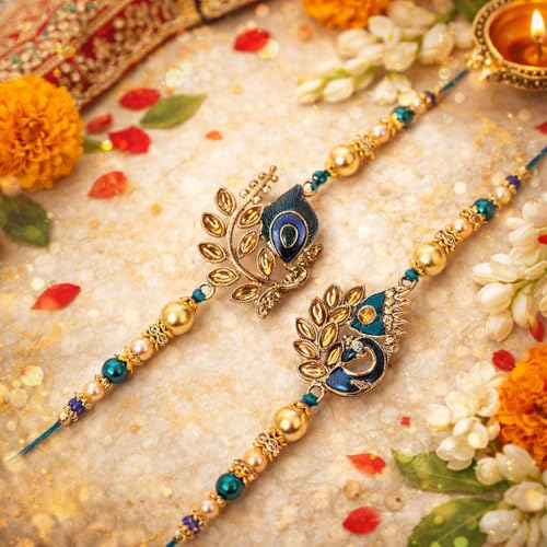 Riddhika Ventures Stylish Blue Peacock Feather and Royal Blue Peacock Kundan Rakhi with Roli Chawal and Greeting Card (K2K3) - Image 5