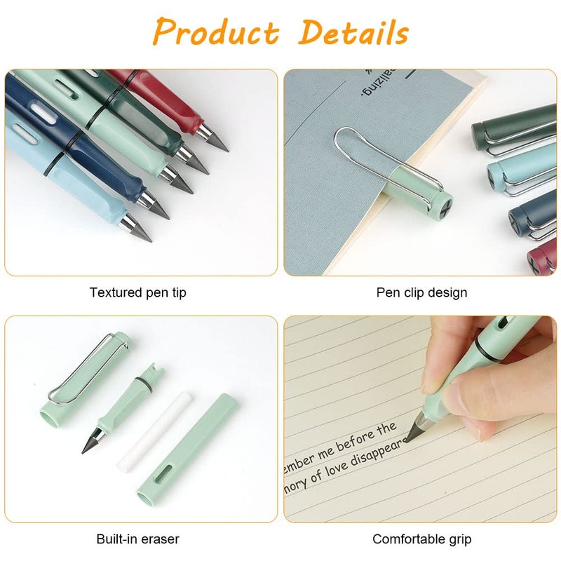 Ainiv Inkless Pencil with Eraser, 5 Sets Infinity Pencil Everlasting Pencil, Reusable Infinite Pencil with Extra 5 Eraser & 5 Replaceable Nibs, Endless Pencil for Home Office School Writing Drawing - Image 2